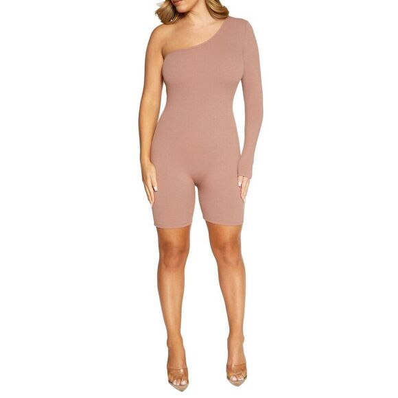 Naked Wardrobe NW-J1183 Women's Sz M Coco Brown One-Shoulder Ribbed Romper - Picture 11 of 11